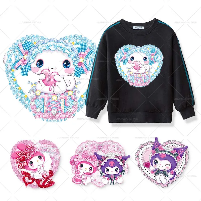 Cute Kuromi Patches Iron on Heat Transfers For Kids Clothes Design Thermal Sanrio Hello Kitty Family Printed Stickers on Girls