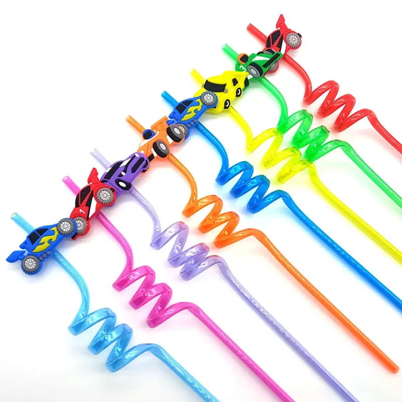 8pcs 26cm Multi-color Car Theme Spiral Eco-friendly Straws Reusable Drinking Straw Children's Birthday Party Decoration Supplies