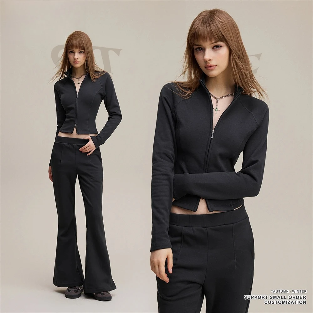 

2025 Autumn Women's 270gsm Crop Jacket, Slim Fit Zipper Full Sleeve Sport Coat, Casual Streetwear Top HY1148