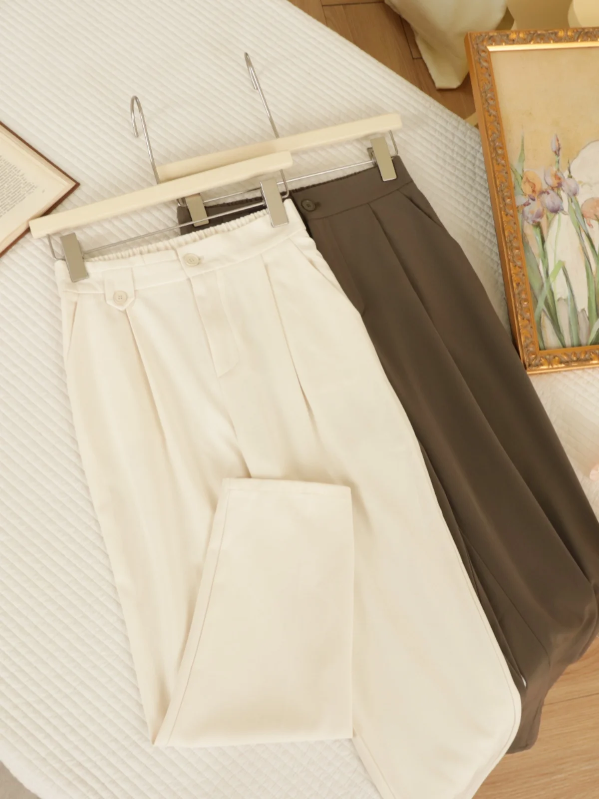 

OKA Korean Style High Waist Draped Straight Leg Casual Nine-Piece Pants Elastic Back Leisure Trousers for Young Women