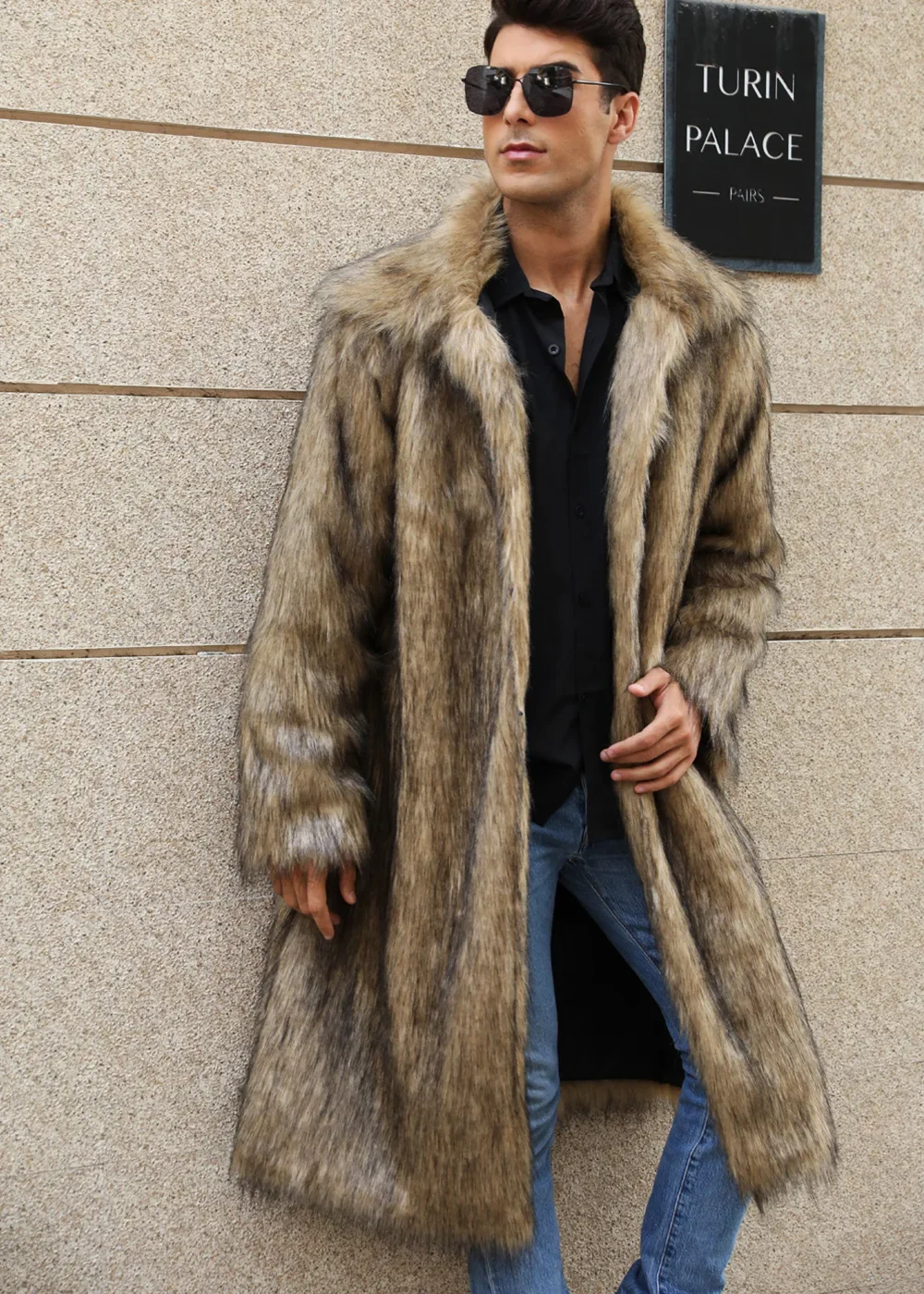 Coat Men's Warm Faux Fur Loose Autumn Winter Brown Long Coats Turn Down Collar Sleeve Men High Waist Maxi Elegant 2024 Jacket