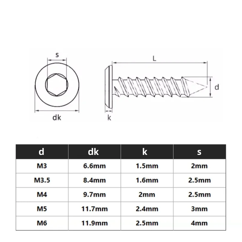M3 M3.5 M4 M5 M6 Black Carbon Steel Hexagon Hex Socket Hypotenuse Flat Head Ultra Thin Flat Wafer Head Self Tapping Wood Screw