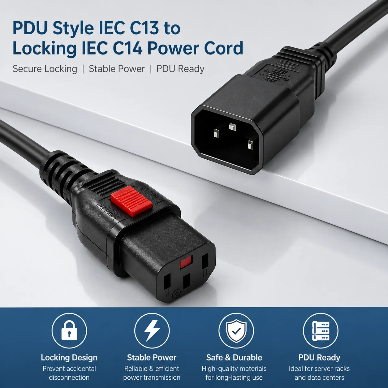 TOWE IEC C14 to Locking C13 Power Cord 10A 16AWG Heavy Duty Extension Cable for Server Rack PDU UPS Data Center