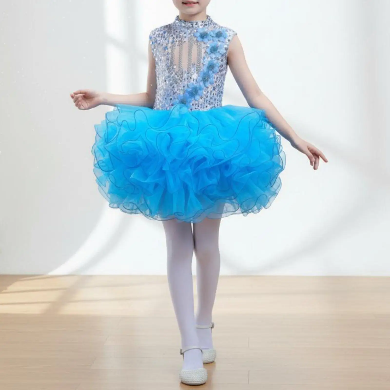 Girls Sequin Stage Dress Children Overalls with Tulle Skirt for School Choir Musical Recital Celebration