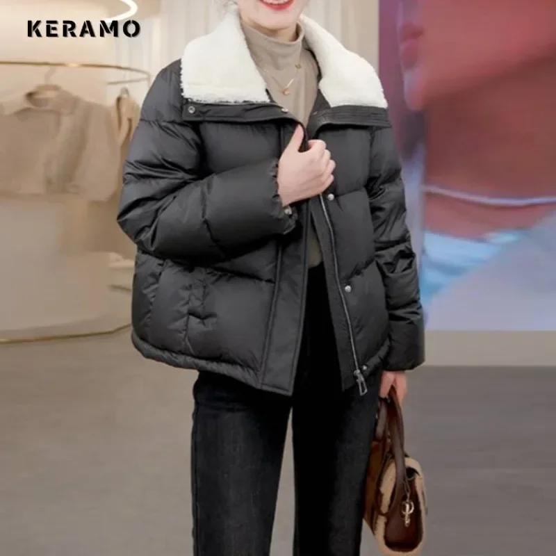 2024 Winter American Retro Style Zipper Parkas Warm Thick Solid Jacket For Women Casual Outerwear Vintage Fashion Baggy Coat