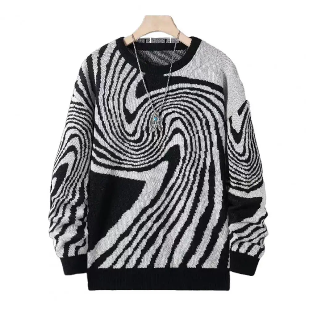 

Men's Fall/Winter Sweater Contrasting Geometric Striped Jacquard Crew-neck Long-sleeved Sweater