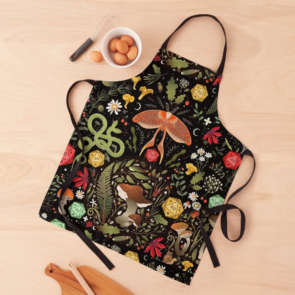 

DRUID COTTAGECORE DND PATTERN: Dice, Spore Mushrooms, Moth, Snake,Butterfly, Flowers Apron Barista Apron