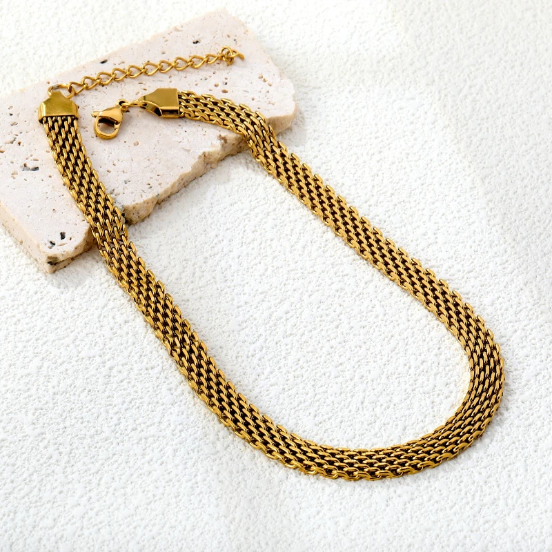 Gold Plated Stainless Steel Multi Layer Wide Choker Necklace Tarnish Resistant Waterproof Hypoallergenic Jewelry