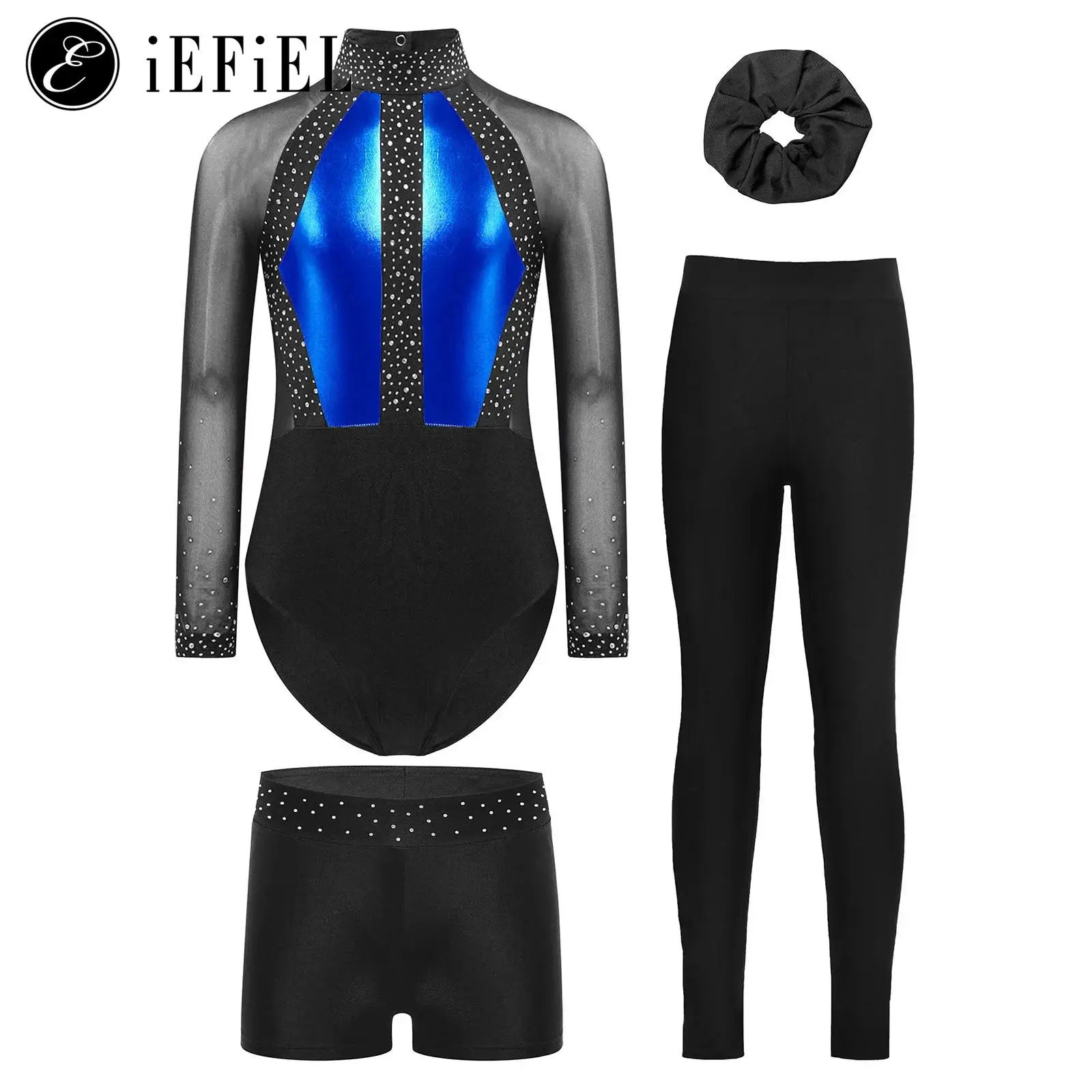 

Kids Girls Ballet Figure Skating Gymnastics Outfit Sheer Mesh Long Sleeve Rhinestones Leotard Bodysuit Leggings Shorts Headwear