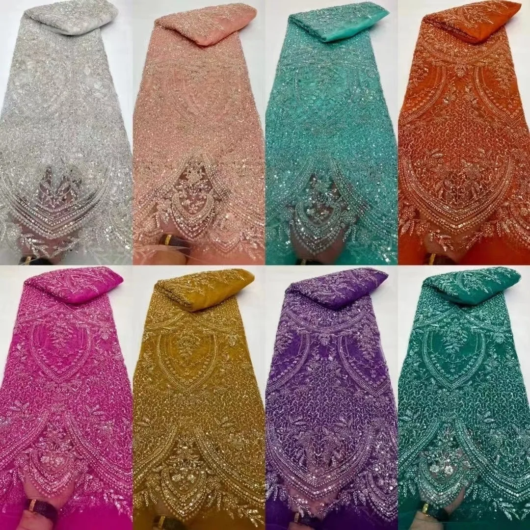 

Luxury African Heavy Beaded Wedding Fabric 2024 High Quality Nigerian Sequined Lace French Tulle Fabric For Party Dress Sew