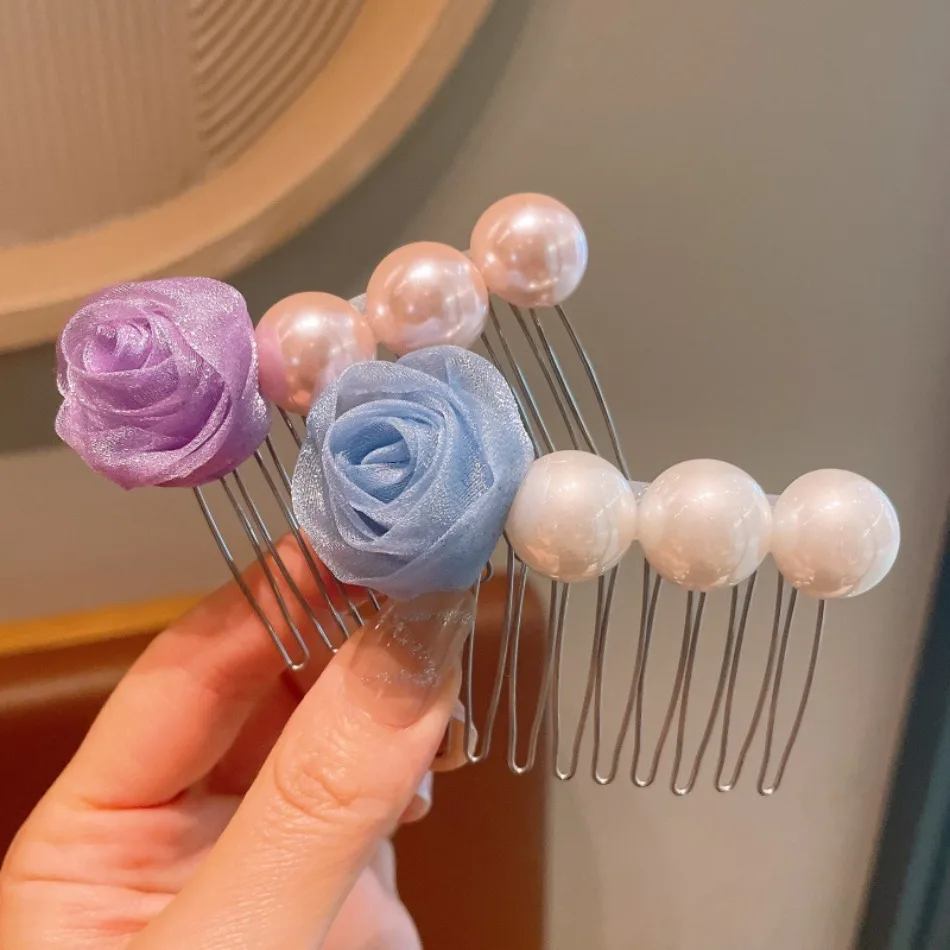 Elegant Laydy Retro Big Pearl Rose Flower Hair Comb Women Broken Hair on The Forehead Hair Pins on The Back of The Head ZX07