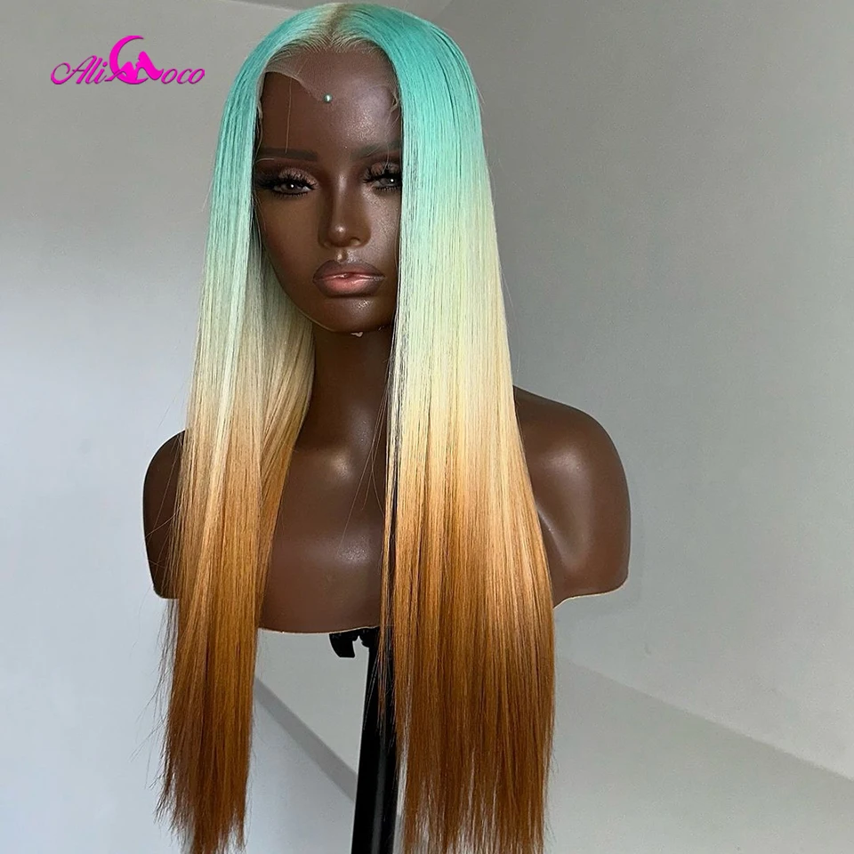 

Ombre Green and Orange 200 Density 13X6 Blonde Color Lace Frontal 613 Wigs For Black Women Straight Brazilian Hair Mint Green