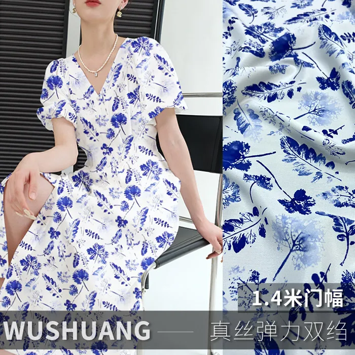 Blue And White Watercolor Floral Pattern Silk Stretch Crepe De Chine Fabric Mulberry Silk Material For Dresses Blouse