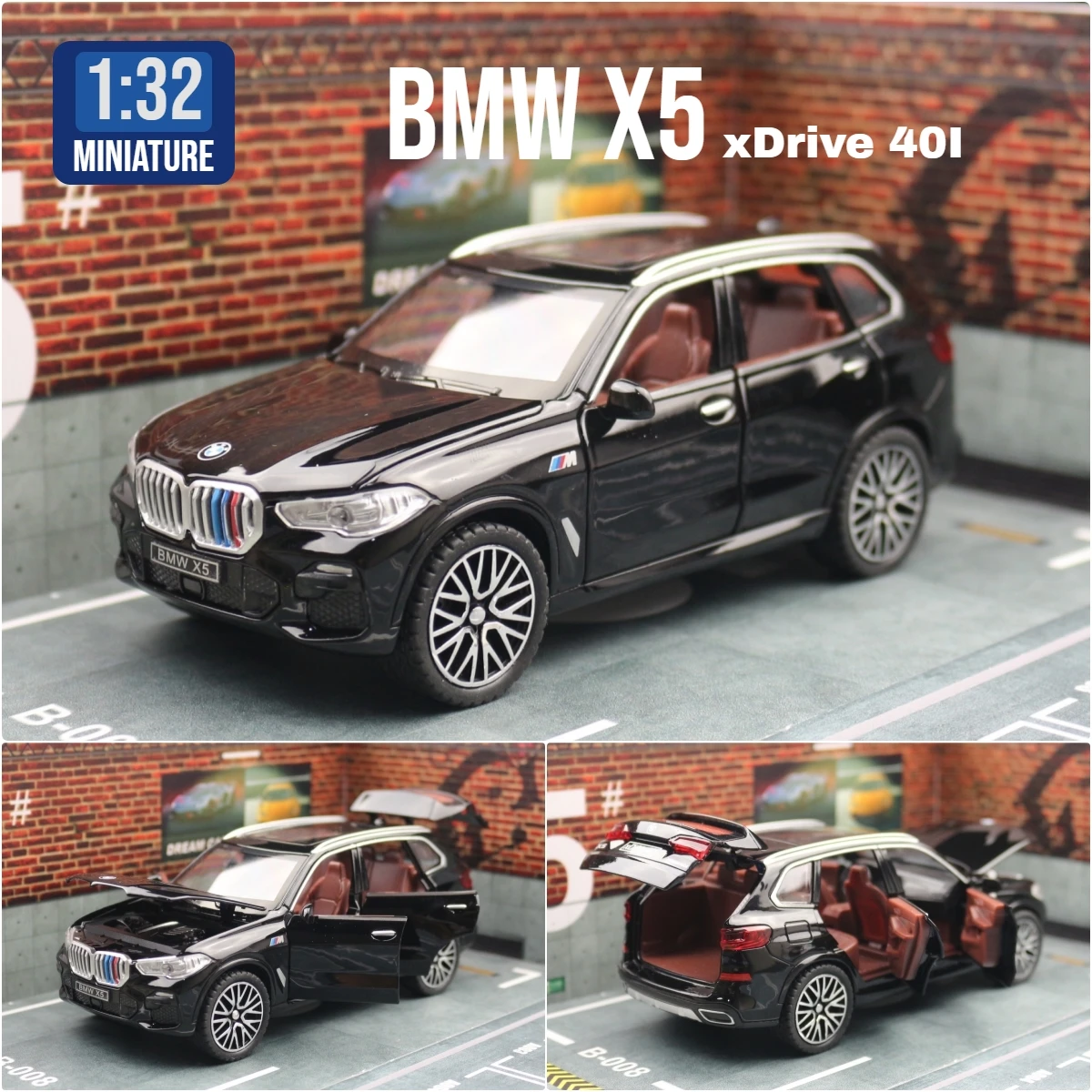 1/32 BMW X5 SUV Toy Car Model Diecast Metal Vehicle Miniature Sound & Light Pull Back Collection Gift for Children Boys Kid