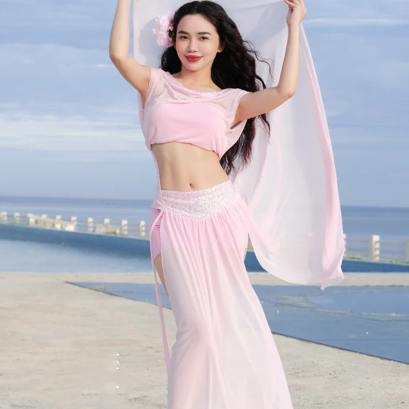 2025 nova roupa de dança do ventre para mulheres high end lantejoulas malha conjunto adulto dança oriental sexy temperamento trajes desempenho