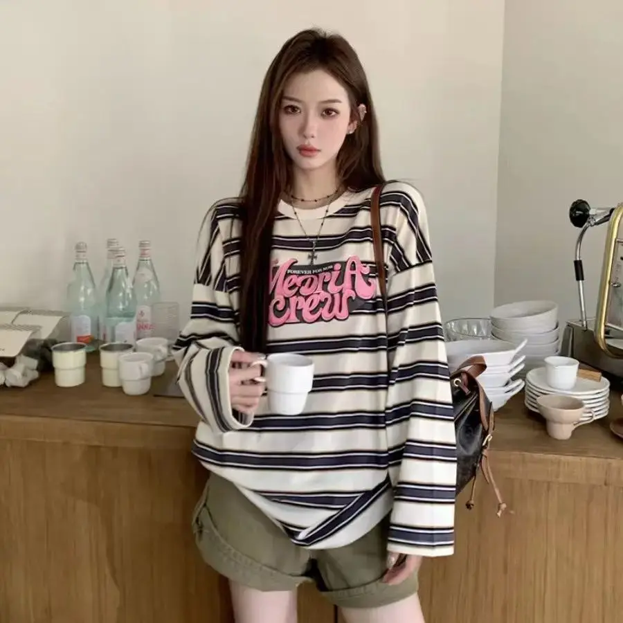 

Pullover Women T-shirt Stripe Long-sleeved Tops Female Autumn Y2k Loose Gothic Harajuku Female Kawaii T-shirt