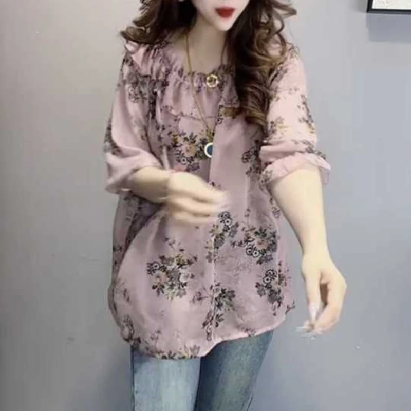 2024 New Summer Commuter Elegant and Fashionable Chiffon Pullovers Half Sleeves Loose Print Panel Mid Length Women\'s Shirt Top