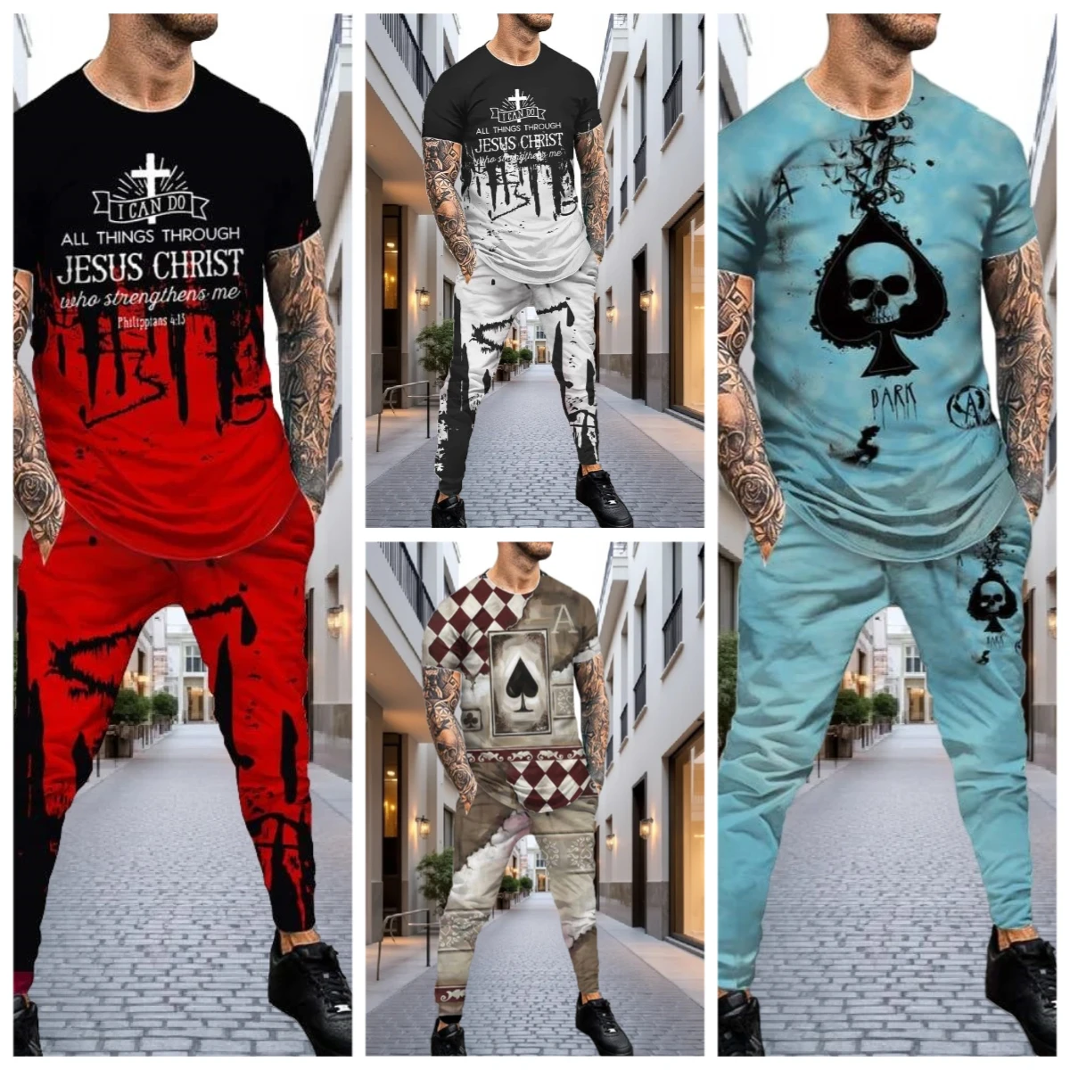 

25/26 Latest T-shirt Set European and American Street Fashion Hip Hop Skull 3D Spring and Autumn Top Pants Casual Style Adult