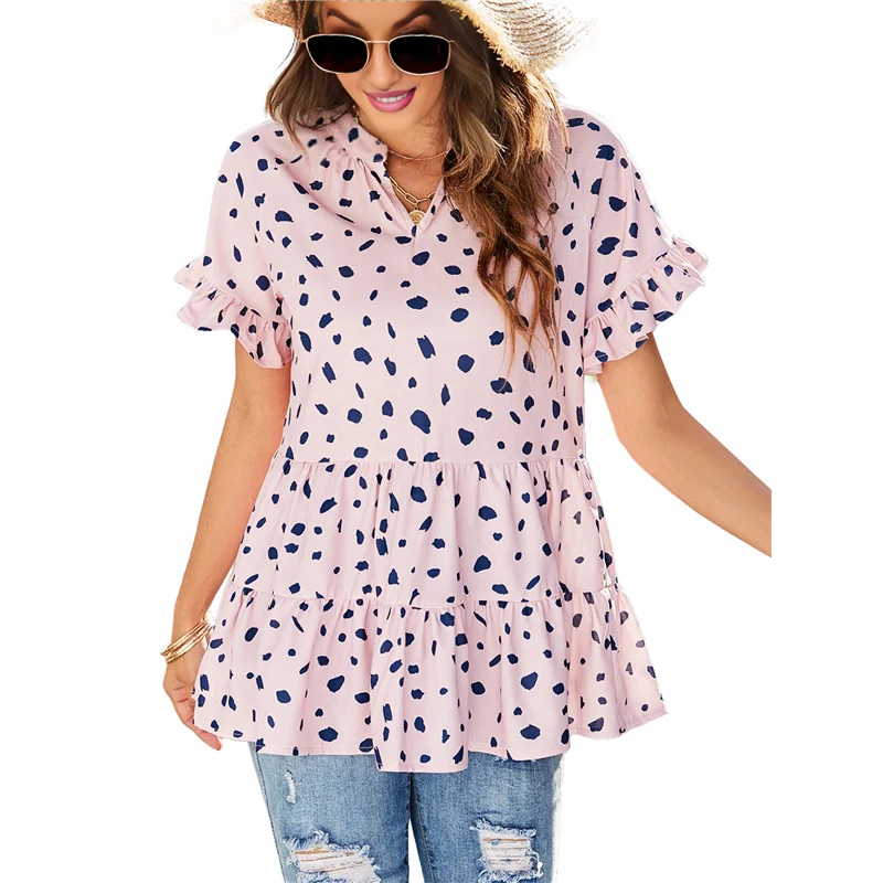 

ABRT-Women's Casual V Neck Random Print Smocked Short Sleeve Chiffon Blouses Bohemian Top Shirts