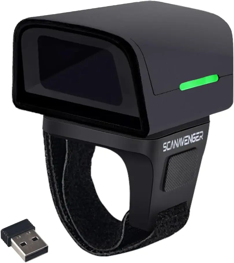 

Wearable Mini Bluetooth Barcode Scanner, USB & 2.4GHz, Compatible with iOS Android Windows for Warehouse Store Inventory