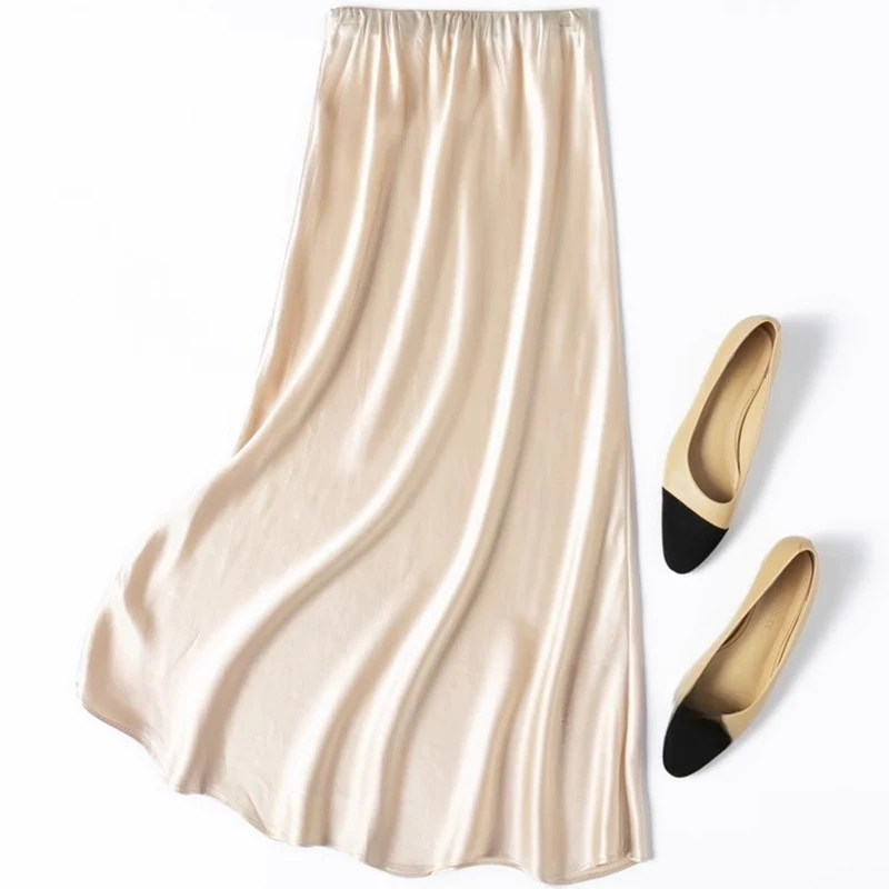 

Women Silk Skirt 93% Mulberry Silk 7% Spandex 21 Momme Beige Summer Beach Fishtail Style Skirt Office Lady L XL M1437