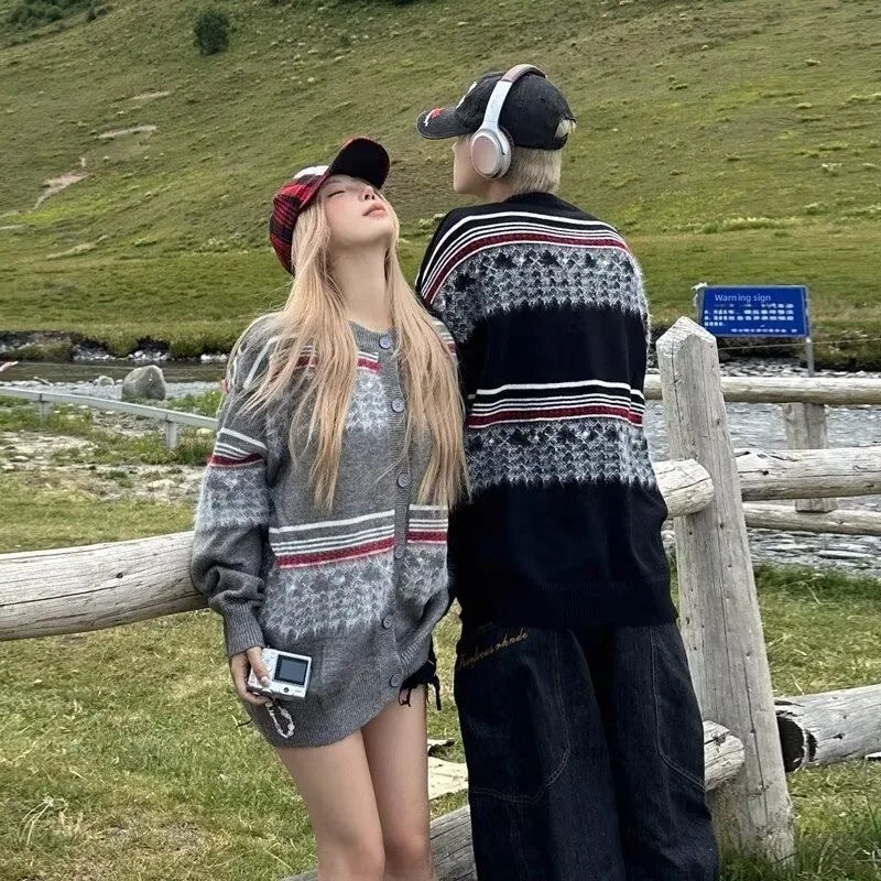 

Ретро американский сращенный вязаный кардиган, свитер, свободный повседневный осенне-зимний модный брендовый верхняя одежда для пар, топ