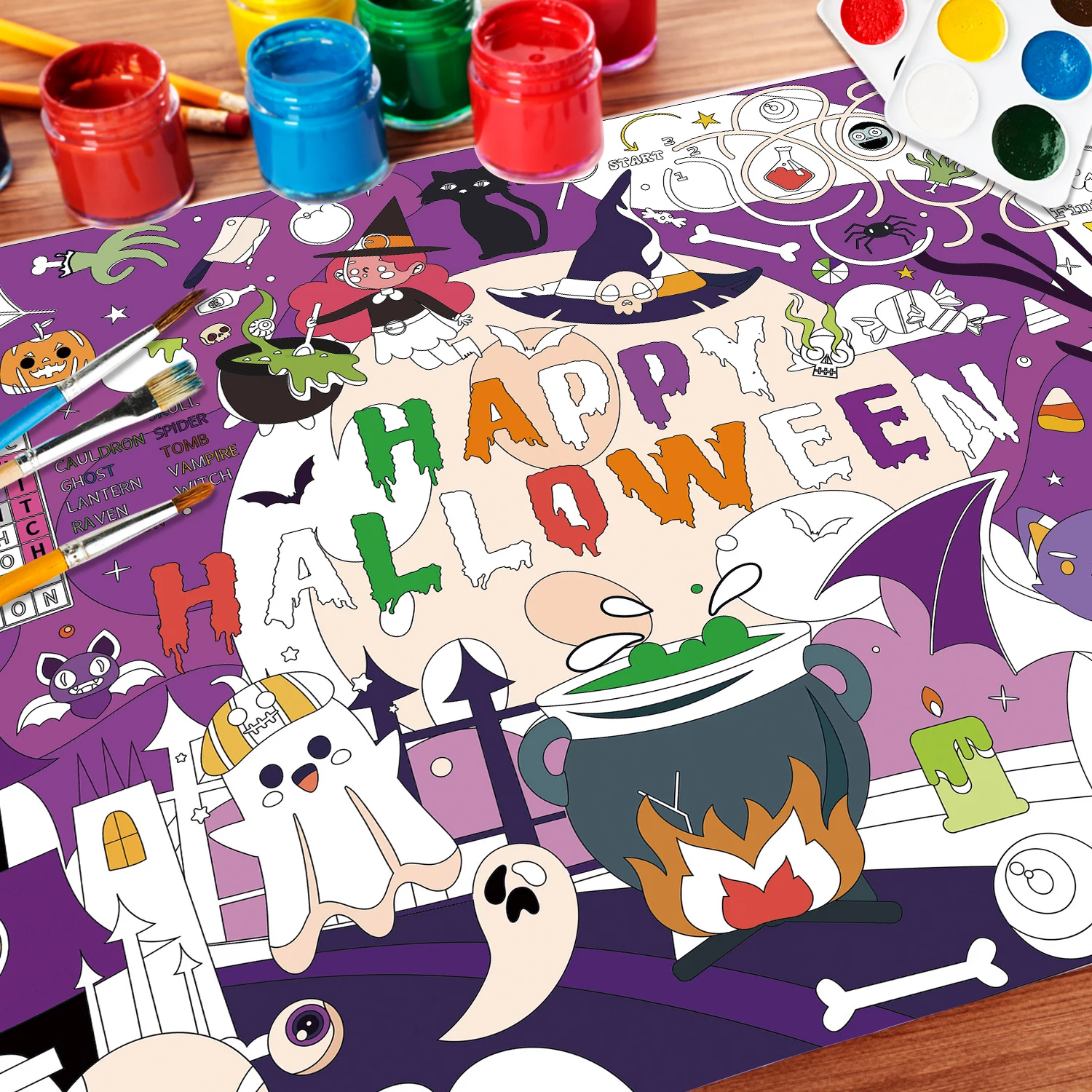 Libros de colorear DIY de calabaza de Halloween para niños, póster grande para colorear, mantel para niños y niñas, suministros para fiestas y festivales