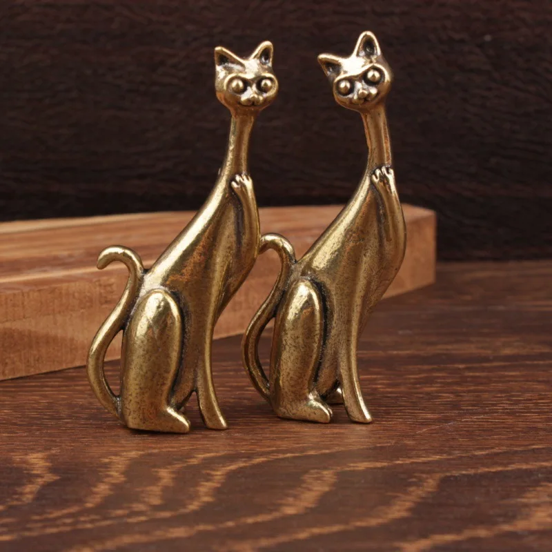

Little Fairy/ Retro Brass Long Neck Cat Desktop Ornament Creative Metal Animal Mini Sculpture Furniture Living Room Decoration
