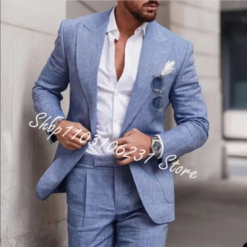 Beige Men's Linen Suits Wedding Slim Fit Blazer 2-piece Groom Tuxedos Best Men's Prom Party Suits Jacket Pants Trajes De Hombre