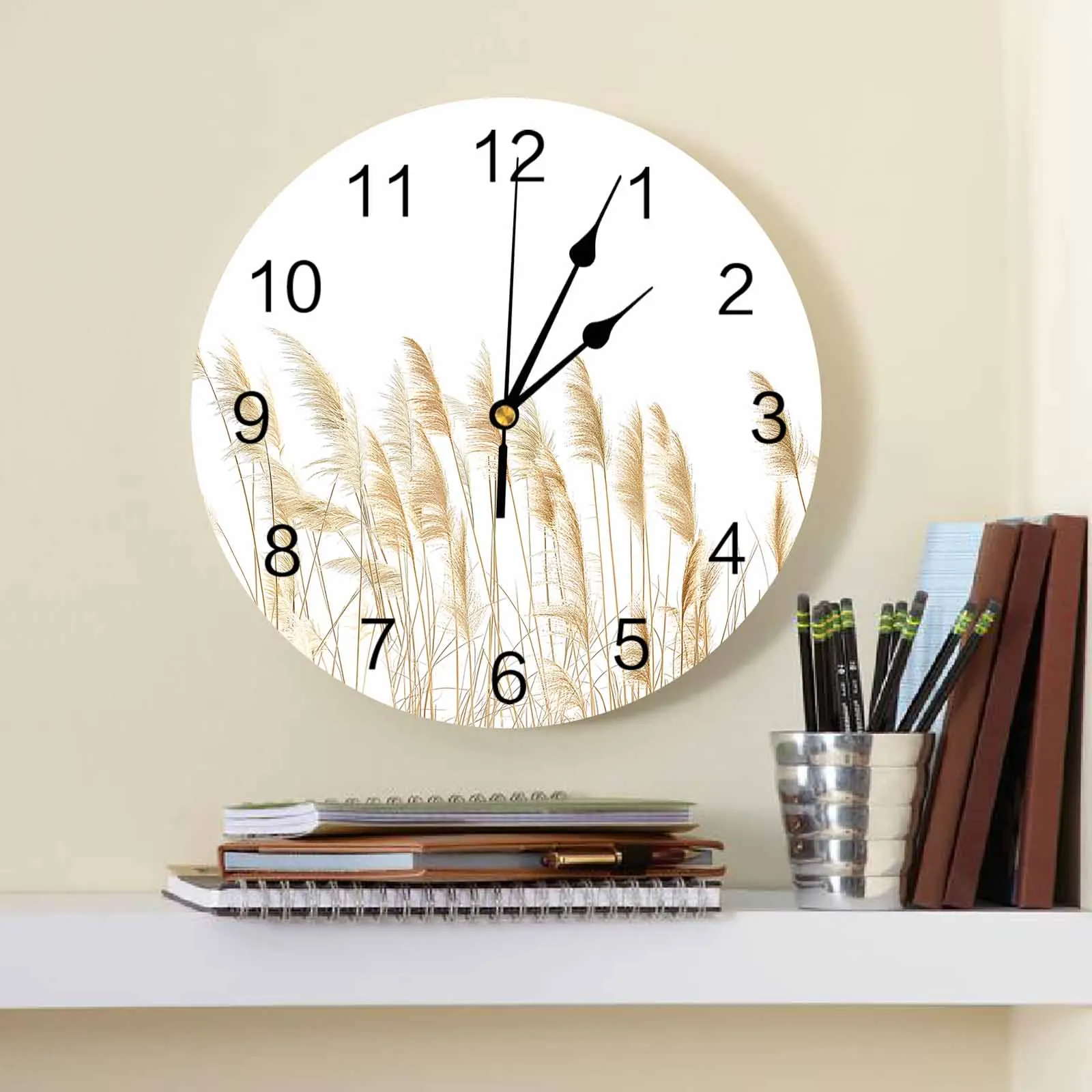 Retro Autumn Reed Grass Hand Drawn Wall Clock Large Modern Kitchen Dinning Round Wall Clocks Bedroom Silent Hanging Watch