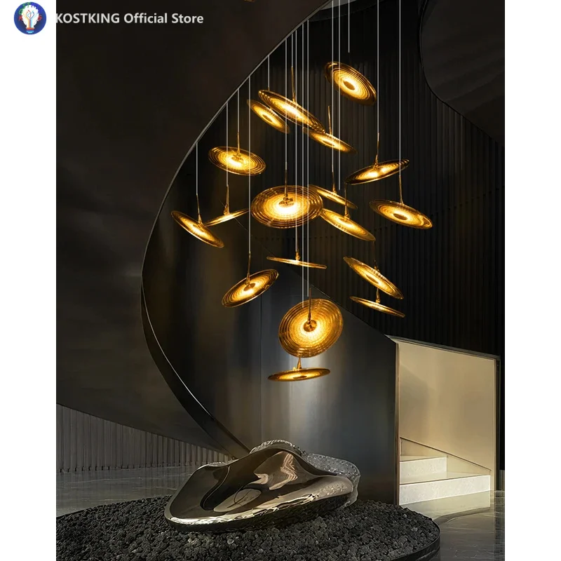 Sitting Room Villa Staircase Chandelier Duplex Loft Chandelier Spiral Disk Glass Stair Hanging Lights High Ceiling Pendent Light