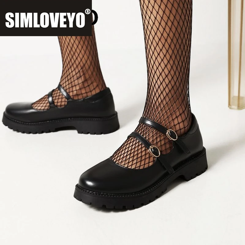 SIMLOVEYO British Vintage Youth Footwear Rounded Toe Low Thick Chunk Heel 3 cm Dual Fastener Bands Vintage Soft Sizes 41 42