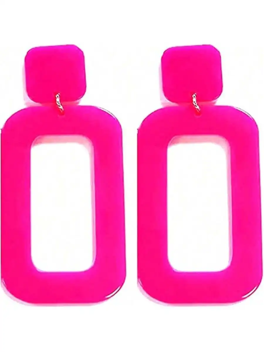 

Neon Pink Rectangular Frame Dangle Earrings For Women Retro 80s 90s Geometric Statement Jewelry Valentine Gift