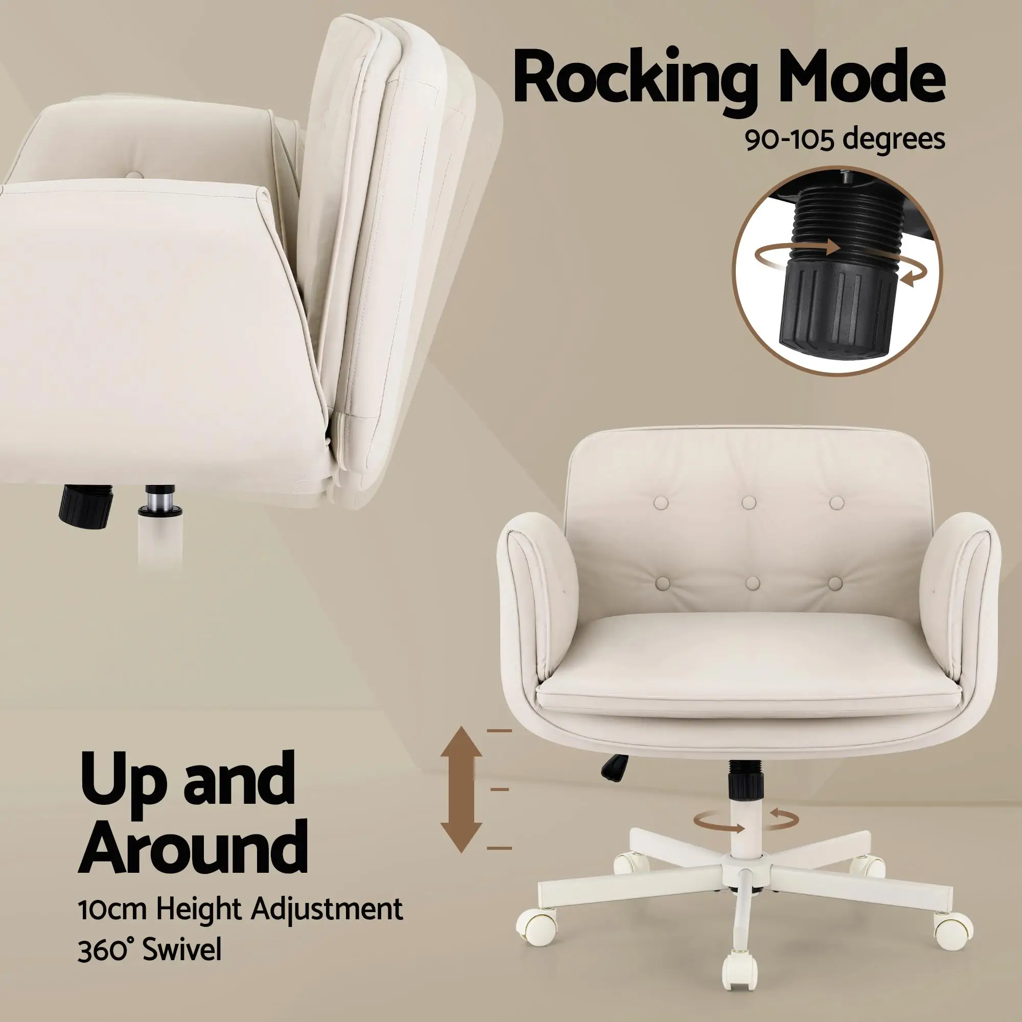 Ergonomic Criss Cross Office Chair with Wheels Adjustable Armrests PU Leather Cross Legged Vanity Chair Swivel Desk Chair for home Bedroom Makeup Computer Beige