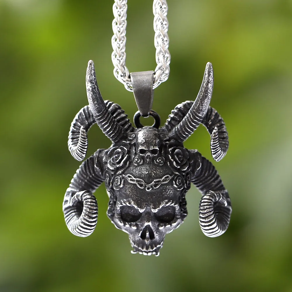 New Creative Design Stainless Steel Sheep\'s and skull head Pendant Satan God Vintage Retro punk Jewelry Gift For Men