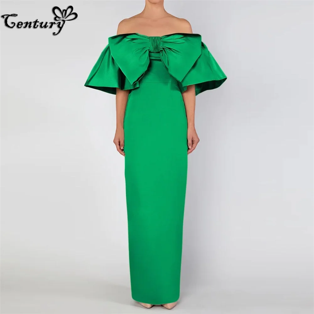 

Off Shoulder Green Prom Dress 2023 Big Bow Floor Length Simple Satin Evening Party Gowns Formal Dresses Customized