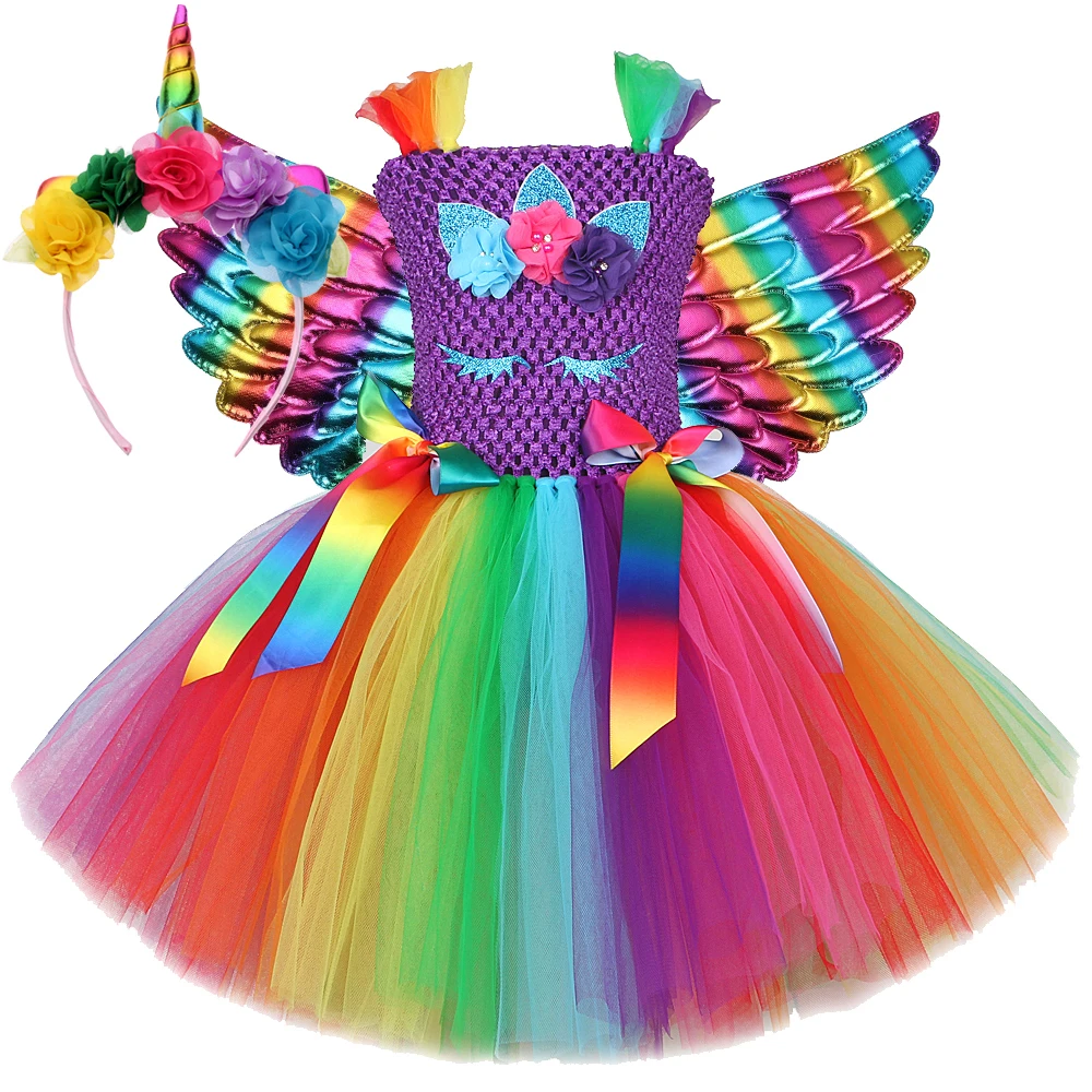 Rainbow Unicorn Costumes for Girls Birthday Party Christmas Dresses with Wings HairBow Kids New Years Tutu Outfit Child Clothes