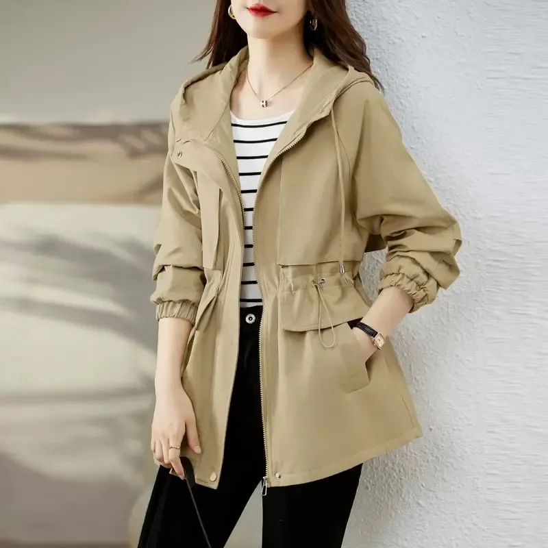 2025Spring Autumn New Korean Trench Coat Women Fashion Slim Hooded Coats Female Windbreaker Casual Outerwear Overcoat Ladies Top