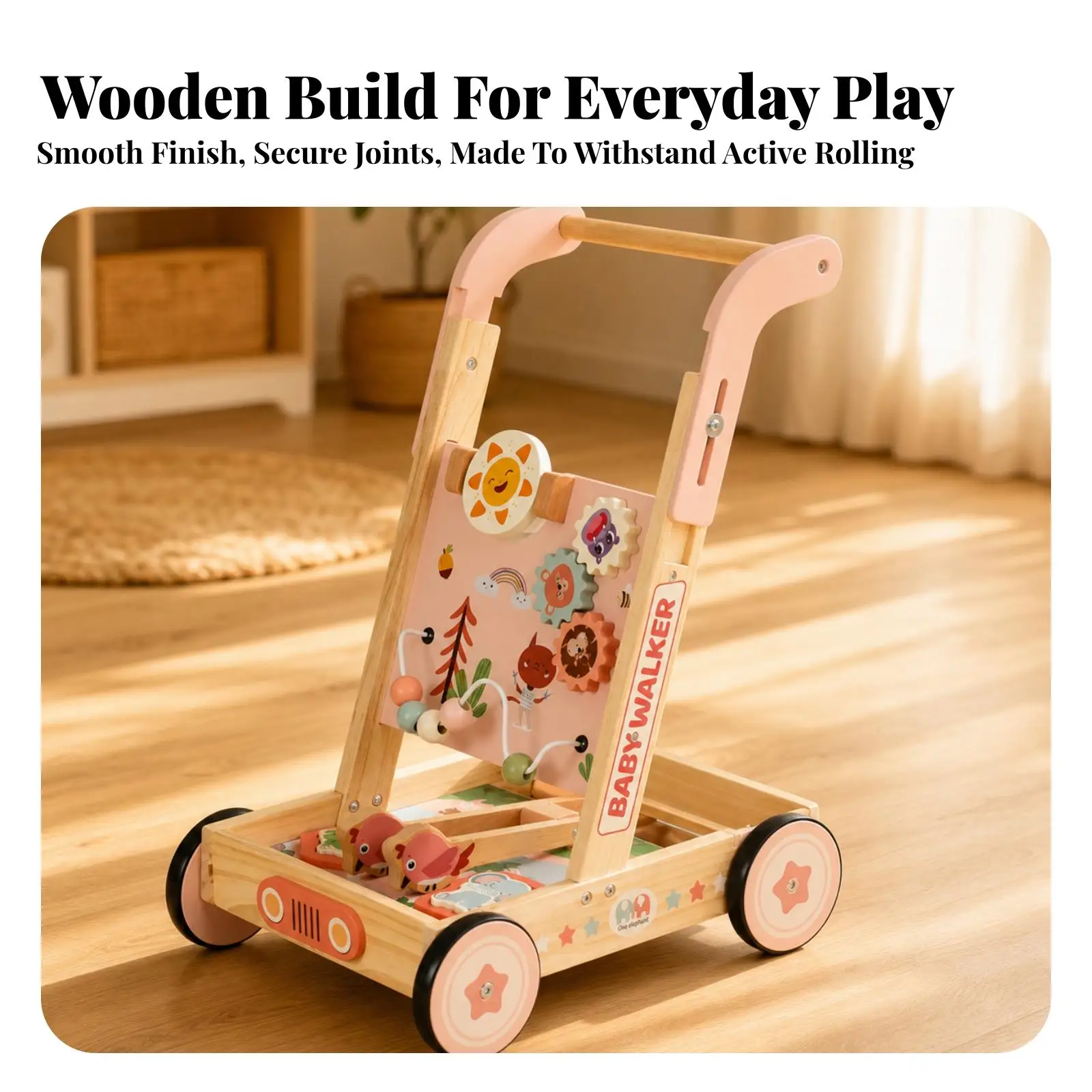 Kids Toy Wooden Baby Walker Push Cart for Boys Girls First Steps with Playful Side Panels