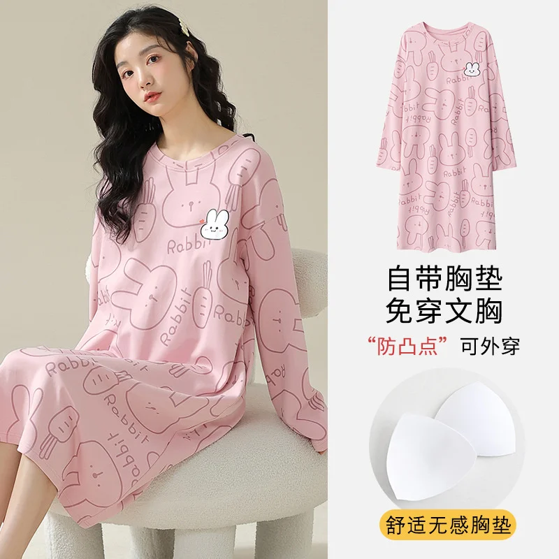 Robe de nuit en coton à manches longues pour femmes, chemise de nuit de dessin animé, lingerie imprimée lapin mignon, automne, hiver