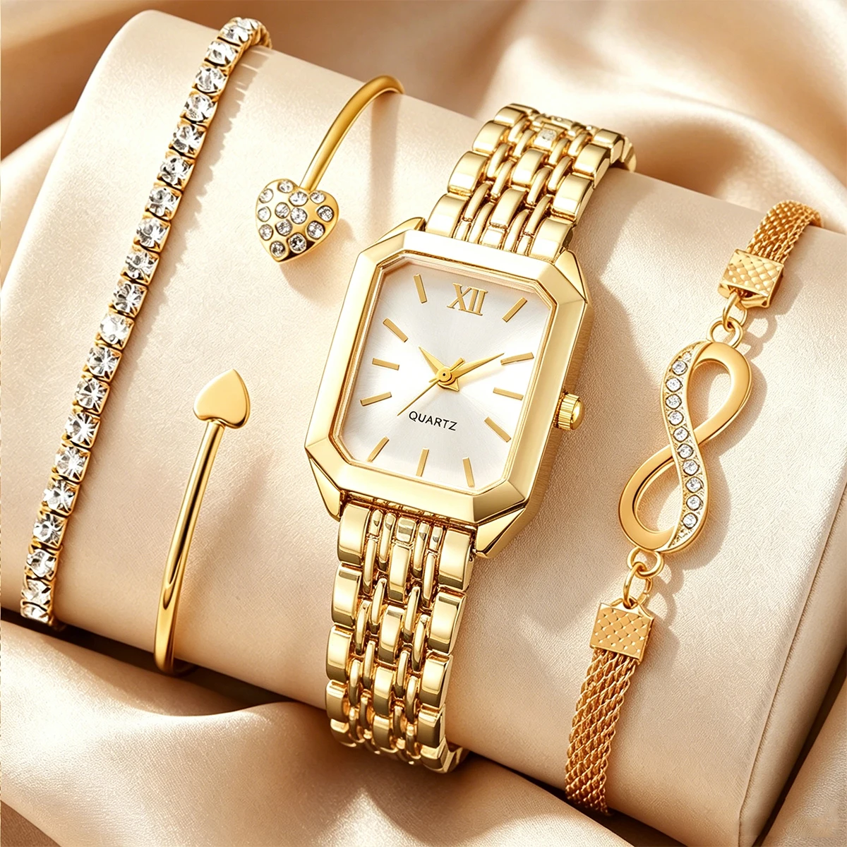4PCS Fashion Women Quartz Watch Rhinestone Bracelet Bangles Set Ladies Rectangle Wristwatches Relogio Feminino (Without Box)