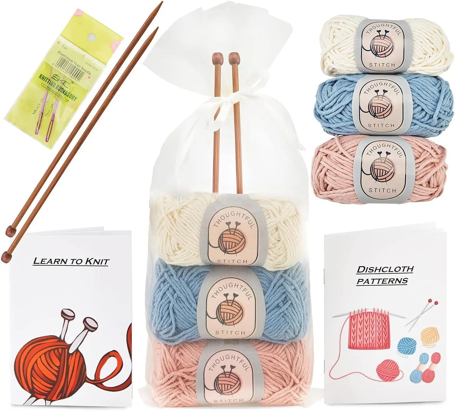 

Beginner-Friendly Knitting Kit with Cotton Yarn, Bamboo Needles & Tutorial Book for Adults and Kids