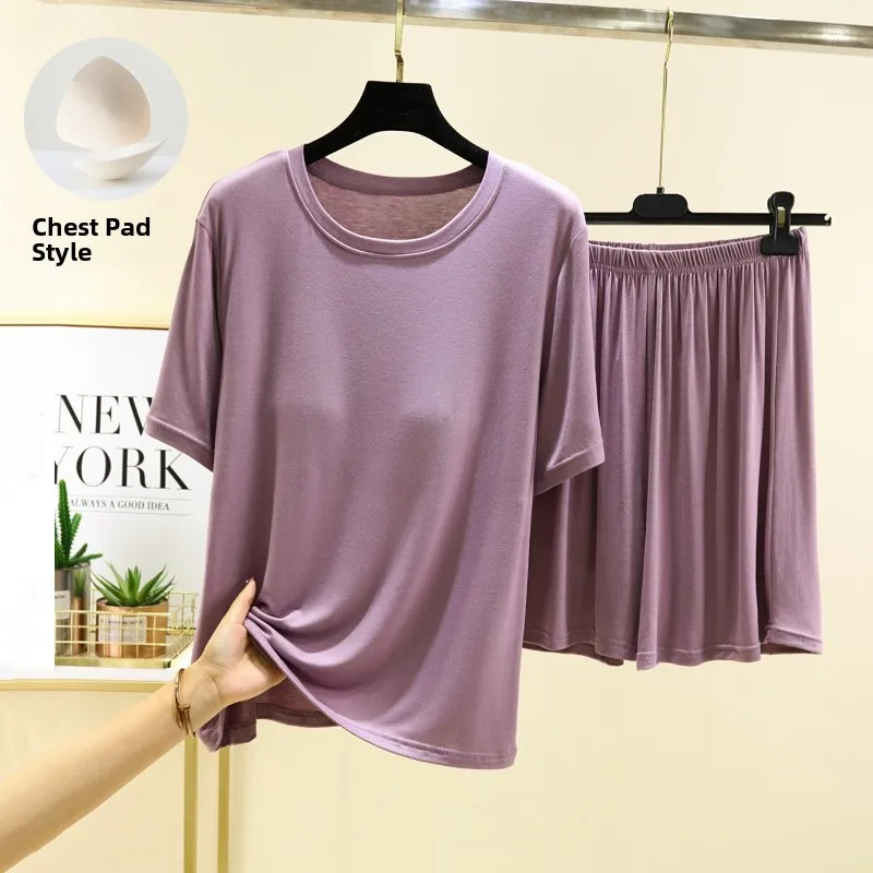 

2024 Summer New Modal Home Clothes Set Short Sleeve Shorts with Chest Pad Sleepwear Can Be Worn outside Two-Piece Set Women