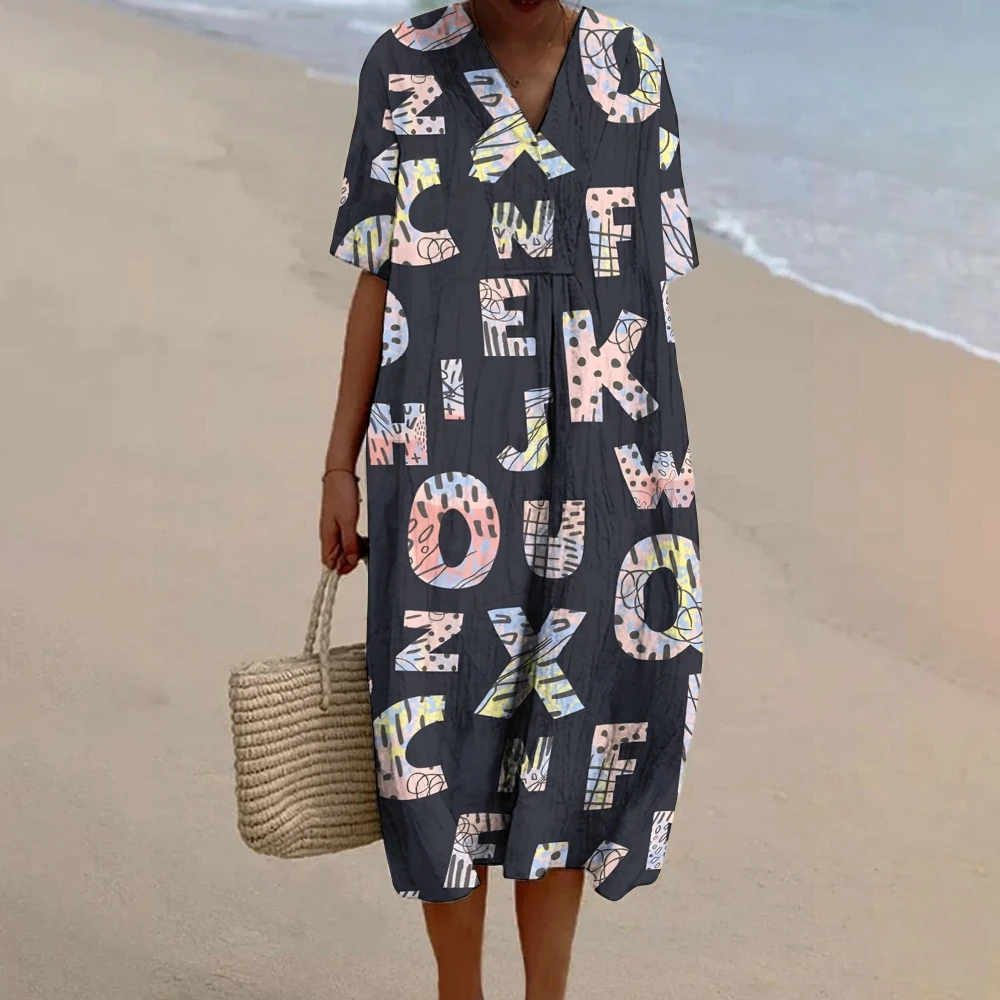 

Letter Printing Women's Oversized Summer Casual Full Printing 1-piece Longuette Long Dresses V-Neck Half Sleeves Outfits Women