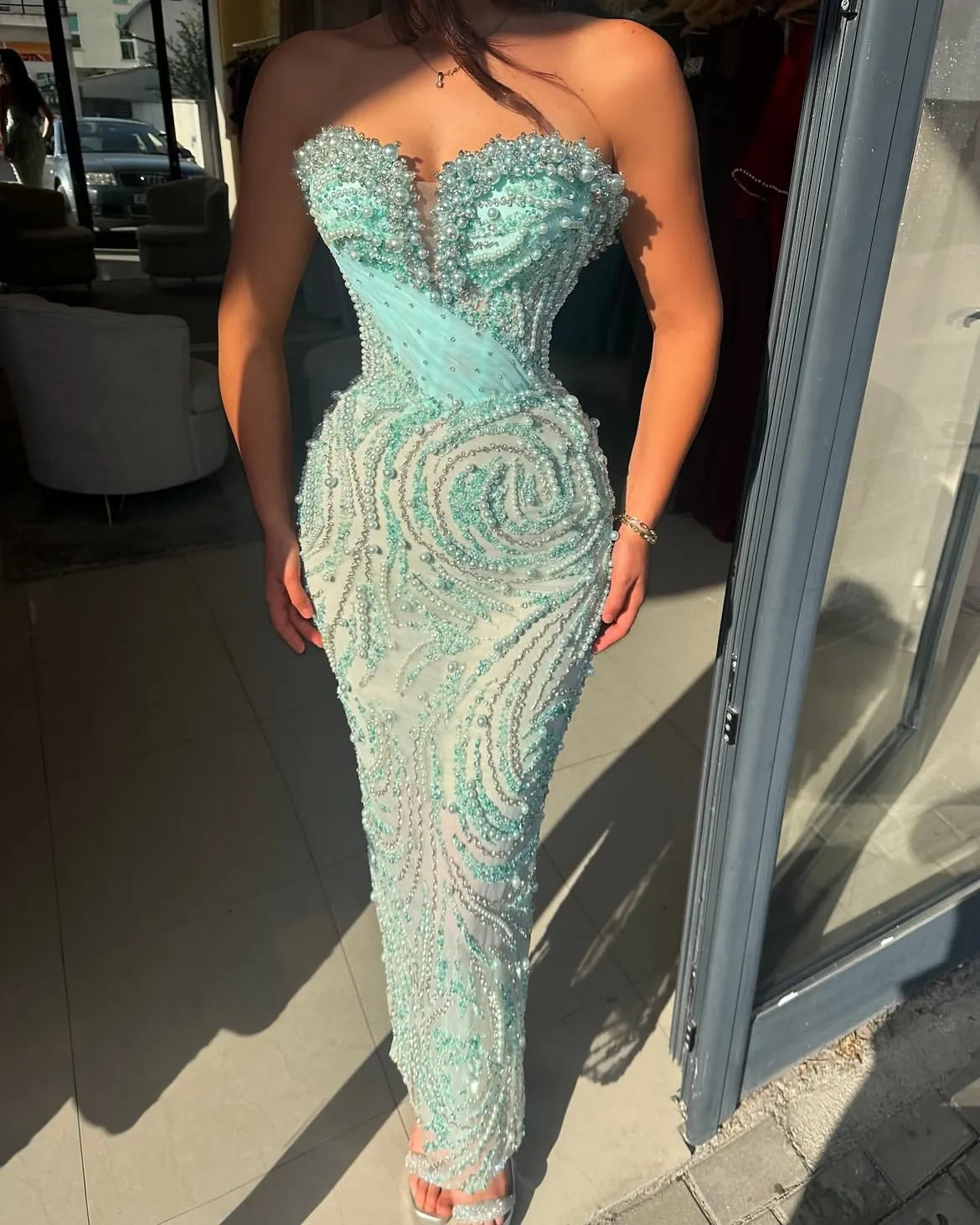 Custom Green Women Luxury Evening Dresses Sweetheart Cocktail Dresses Pearl Beaded Corset Mermaid Party Dresses Wedding Guest