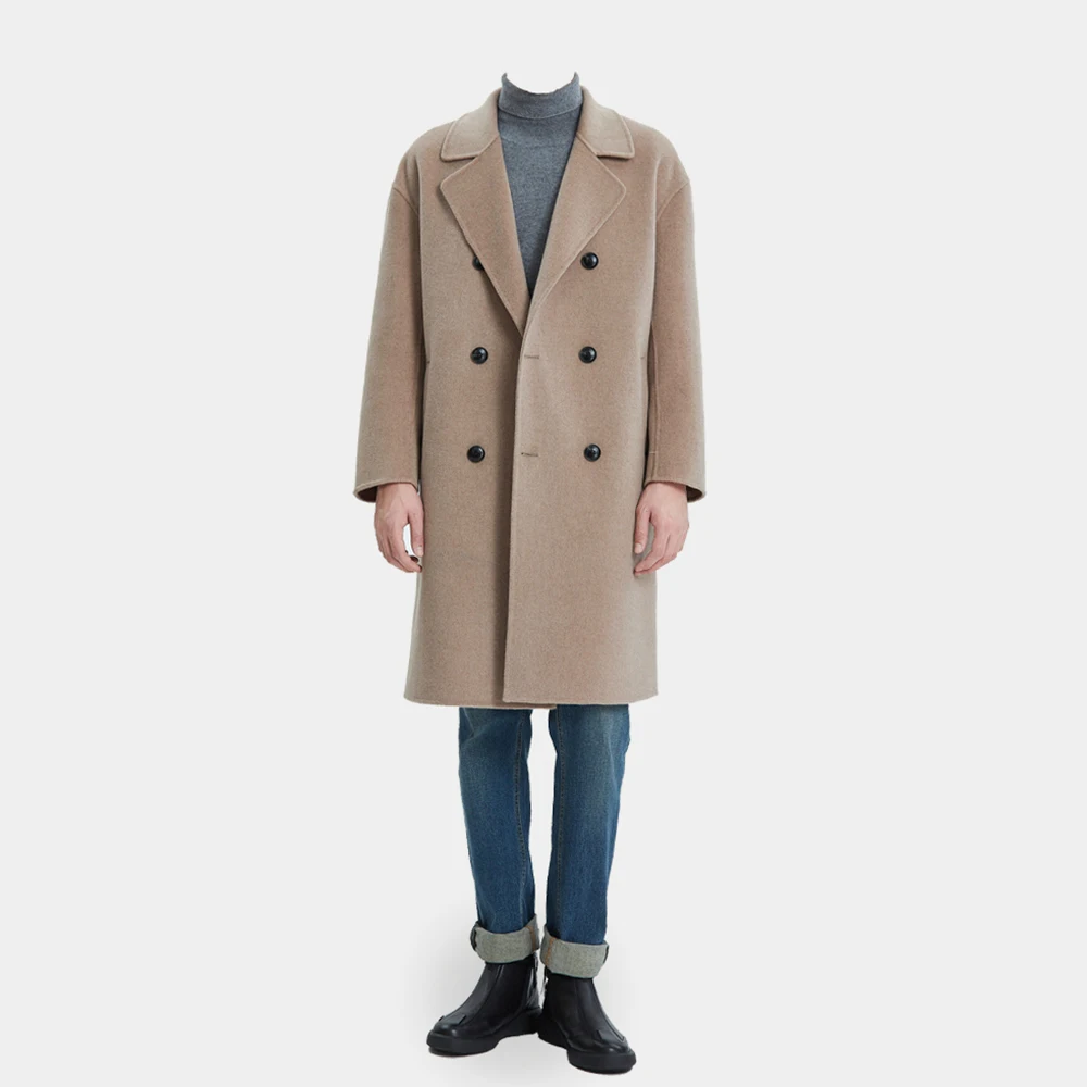 

2024 new men winter double-sided cashmere wool coat suit collar mid-length double-breasted loose woolen trench overcoat jacket