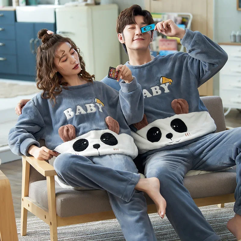 Thick Coral Velvet Pajamas Suit for Men and Women, Long Sleeve, Cartoon Sleepwear, Warm Flannel, Couple, Autumn, Winter