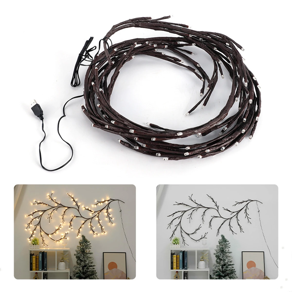 72/96LEDs Bendable Rattan Light Warm White 3000k String Garden For Decorations Decor Decorative Vine USB Decoration Romantic LED