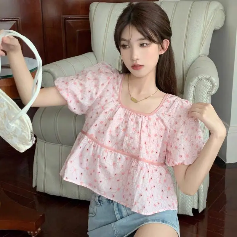 Floral Blouses Women Puff Sleeve Tender Lace-up Sweet Loose French Style Summer Stylish All-match Office Ladies Temperament Ins