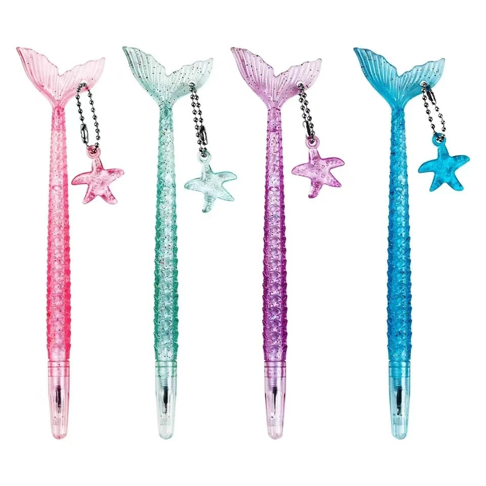 

8PCS Mermaid Shape Rollerball Pen Fish Pens,Creative Crystal Flash Powder Starfish Pendant Signature Pen Black Gel Ink Design